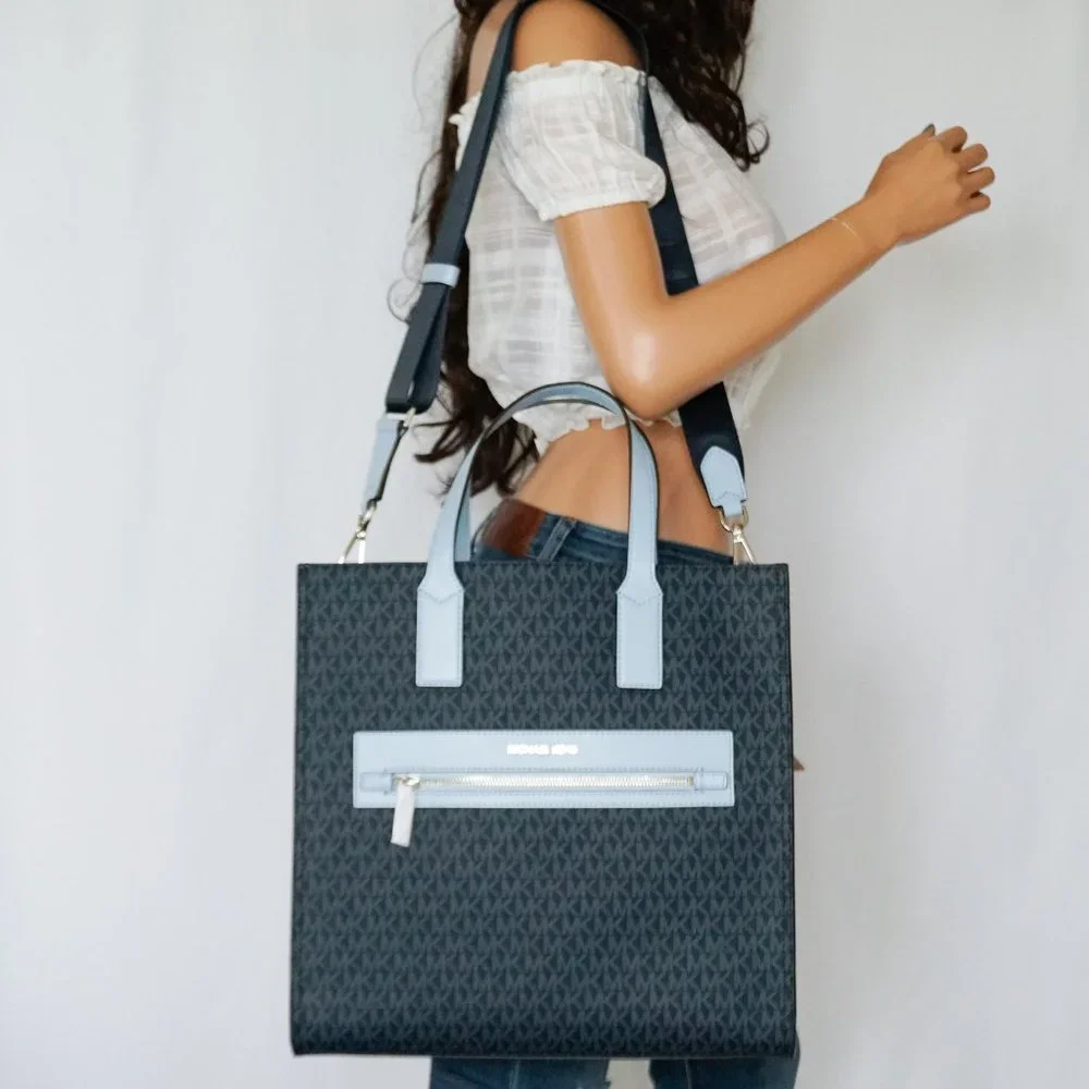 Michael Kors Kenly Large Satchel Tote Shoulder Bag MK Signature Light Sky Blue_3